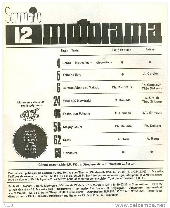 MOTO : MOTORAMA, N° 12 (Decembre 1971) : Bultaco Alpina-Matador, 500 Kawasaki, Moto Guzzi Falcone, Magny-Cours, Montessa - Motorfietsen