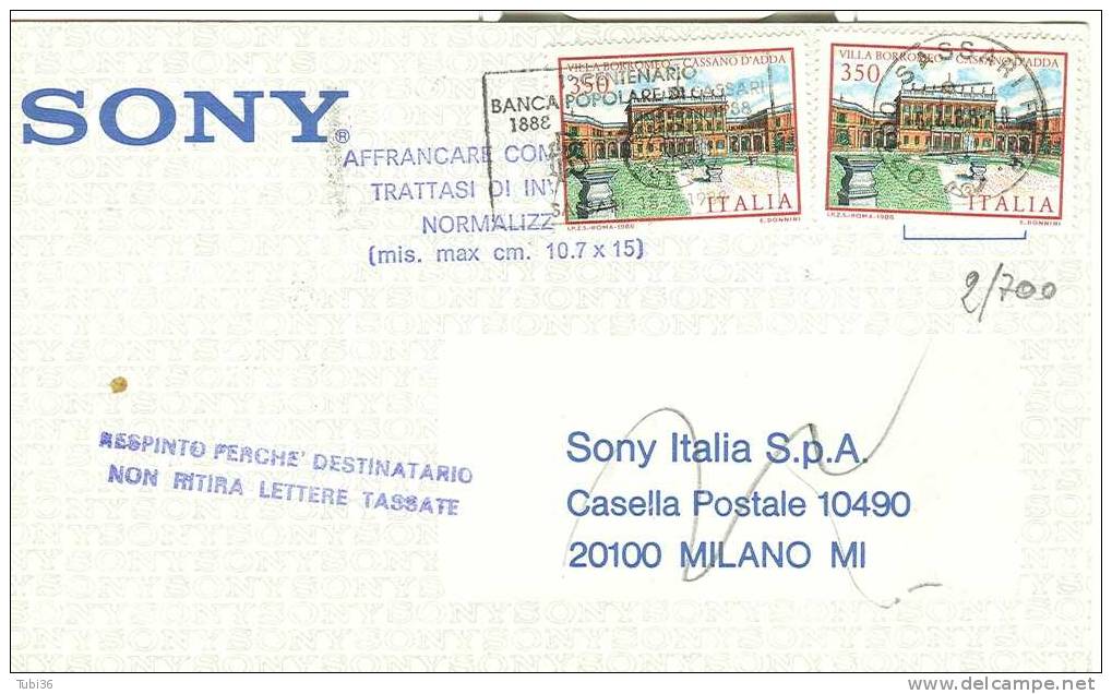 CARTOLINA  POSTALE   CON TIMBRO : INVIO NORMALIZZATO -  A DESTINO TASSATA E RIFIUTATA  DAL DESTINATARIO. 1988 .  STORIA - Abarten Und Kuriositäten