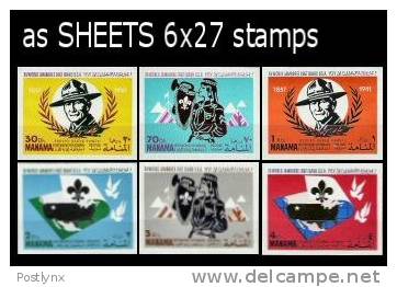 MANAMA 1967. Scouts. IMPERF.COMPLETE SHEETS:6 (6x27 Stamps)     [non Dentelé,Geschnitten,no Dentado,non  Dentellato] - Manama