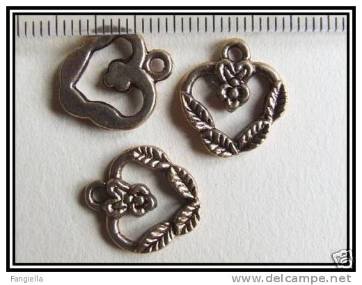 5 Breloques Coeur Feuilles Argent Tibet Vieil Or 14mm - Perlen