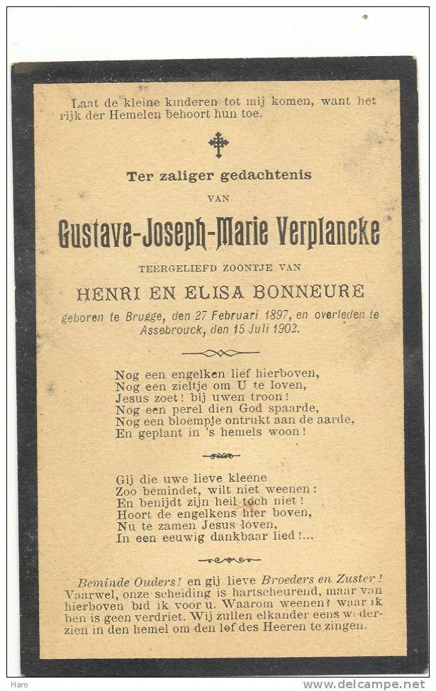 Doodsprentje - Faire-part De Décès- Gustave J-M Verplancke- BRUUGE 1897-ASSEBROUCK 1902(ch) - Autres & Non Classés
