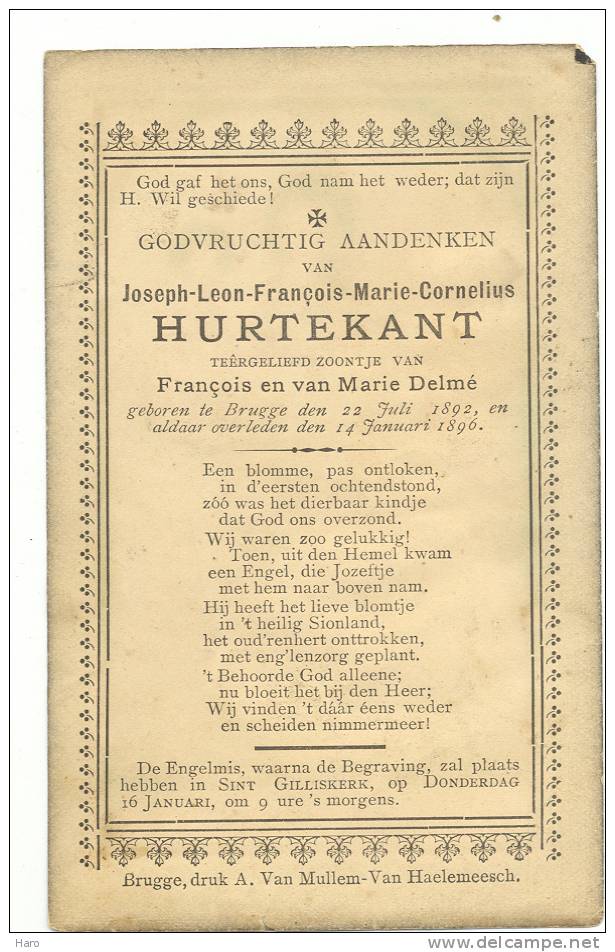 Doodsprentje - Faire-part De Décès- Joseph-L.F.M Hurtekant - BRUGGE - 1892- 1896(ch) - Altri & Non Classificati