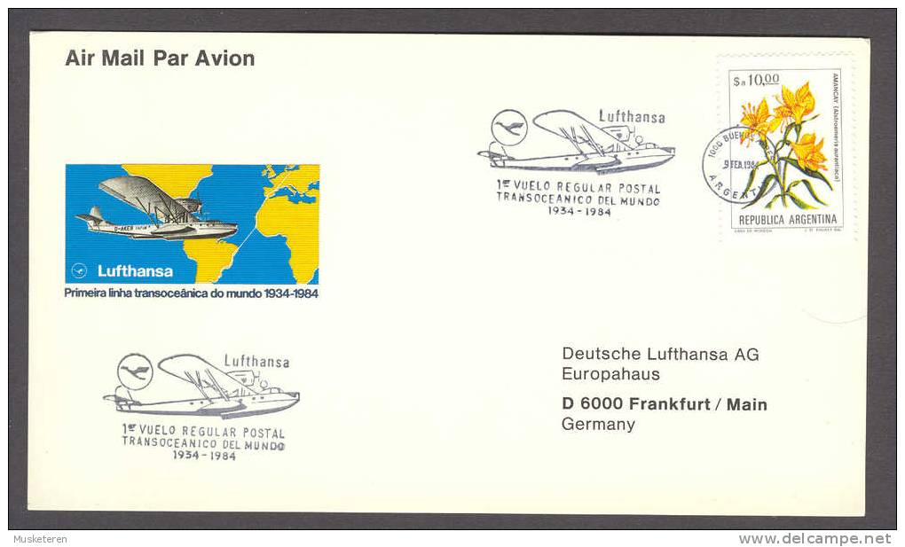 Argentina Lufthansa Erstflug Brief 1st Flight Card Primiera Vuelo Regular Postal Transoceanico Del Mundo 1934-84 Flower - Poste Aérienne