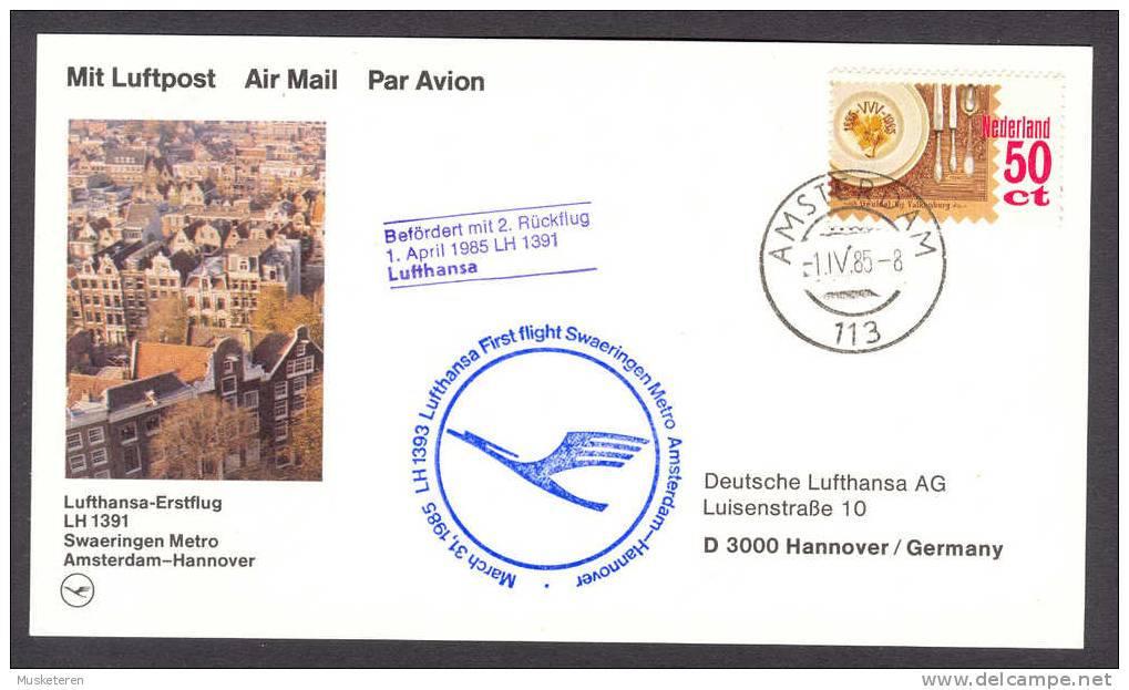 Netherlands Airmail Avion Lufthansa Erstflug Brief 1st Flight Card 1985 To Hannover Germany - Airmail