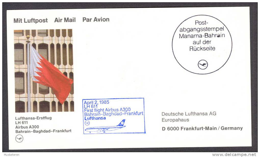 Manama-Bahrain Airmail Avion Lufthansa Erstflug Brief 1st Flight Card 1985 To Frankfurt Am Main Germany Stampless !! - Manama