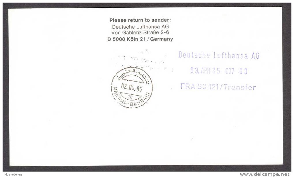 Manama-Bahrain Airmail Avion Lufthansa Erstflug Brief 1st Flight Card 1985 To Frankfurt Am Main Germany Stampless !! - Manama
