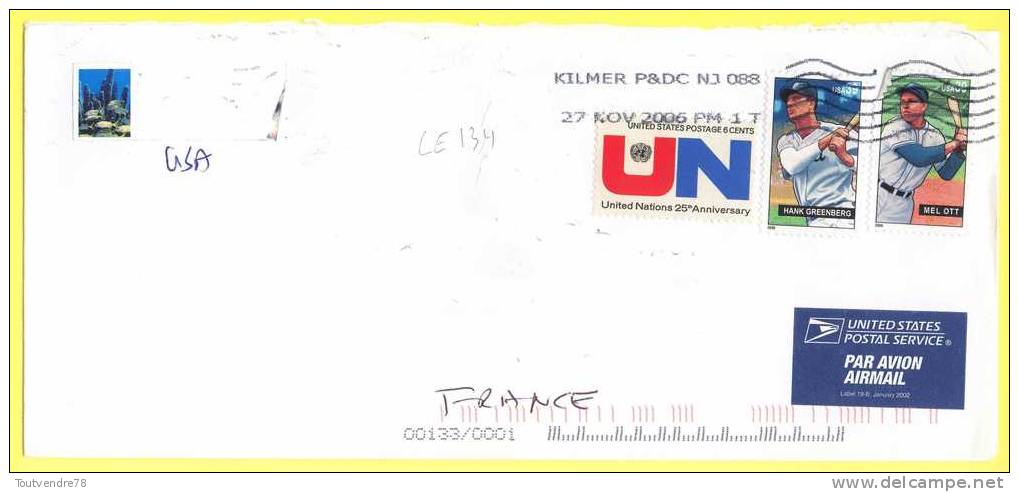 LE134 : USA > FRANCE LETTRE 2006 / TIMBRE 25 ANS UN + 2 TIMBRES BASSE BALL - Postal History