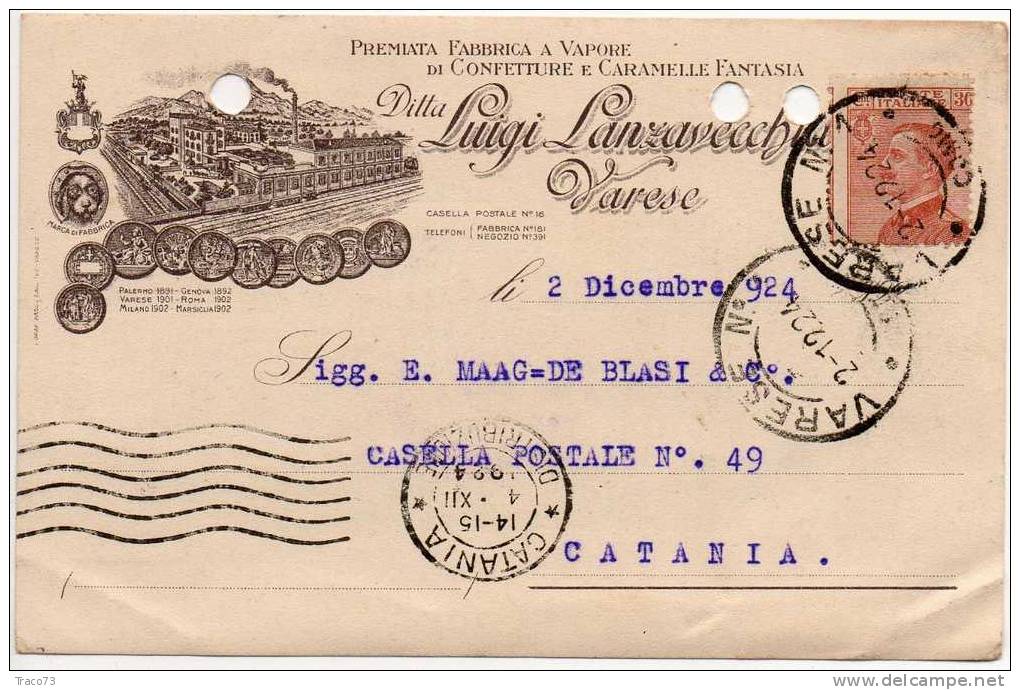 VARESE 02.12.1924 - Card Cartolina " Ditta  LUIGI LANZAVECCHIA "  Cent. 30 Isolato - Firma - Reklame