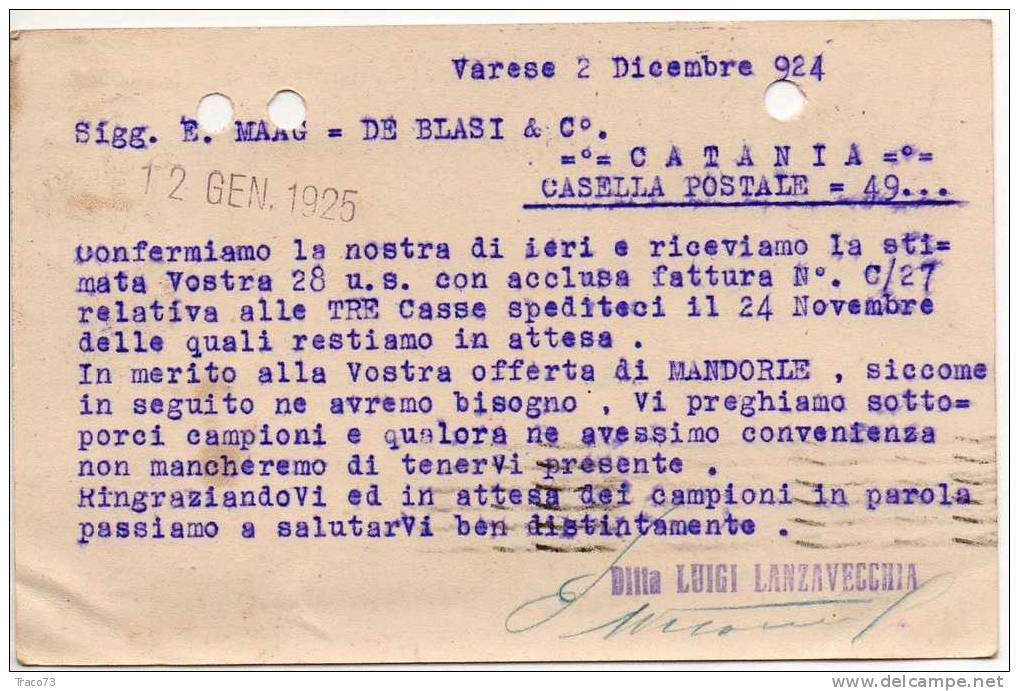 VARESE 02.12.1924 - Card Cartolina " Ditta  LUIGI LANZAVECCHIA "  Cent. 30 Isolato - Firma - Publicity