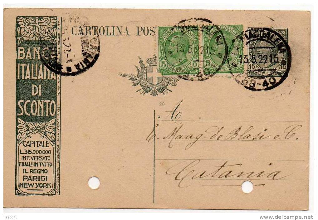 13.05.1922  -  Card / Cartolina  Pubblicitaria " Banca Italiana Di Sconto " Cent. 5 X 2 + 15 Int. - Reklame