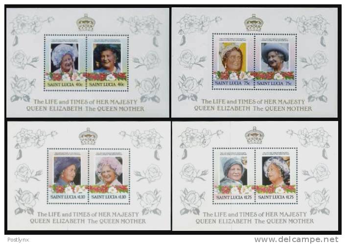BULK:4 X  ST.LUCIA 1985 Queen Mother Sheetlets:4. UNISSUED-officially Planned - St.Lucie (1979-...)