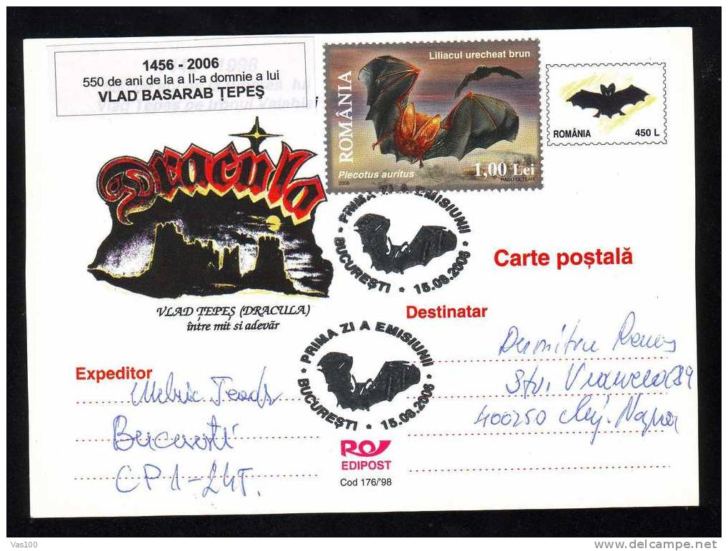 DRACULA - VLAD TEPES - Bats  Post Card,2006 Cancell FDC - Romania Very Rar Personal Realization.!! - Bats