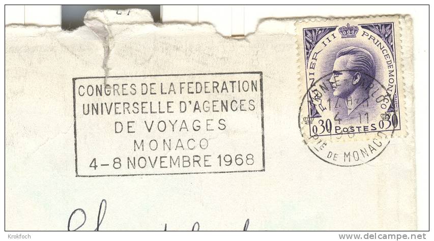 Monaco - Flamme 1968 Monte-Carlo Congrès Agence De Voyages - Lettre Entière Avec Déchirures - Poststempel