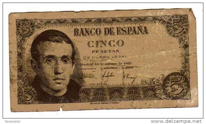 BILLET ESPAGNE - REGENCE DE FRANCO - P.140a - 5 PESETAS - 1951 - JAIME BALMES - 5 Pesetas