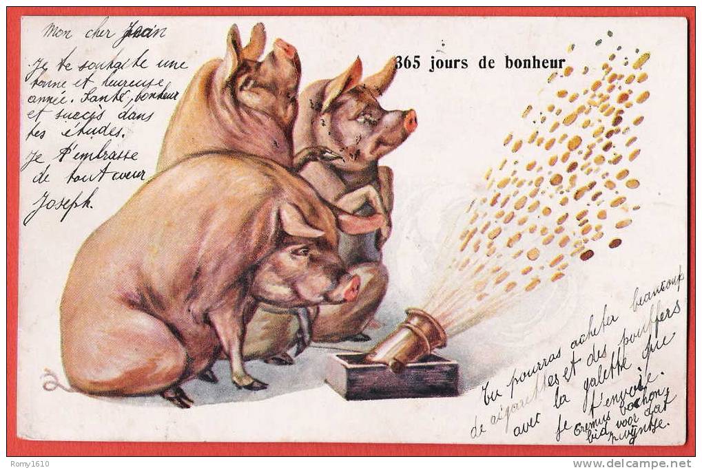 Trois Cochons Et Une Pluie De Pièces D'or.  Carte Porte Bonheur. BKW. 1905. - Monnaies (représentations)