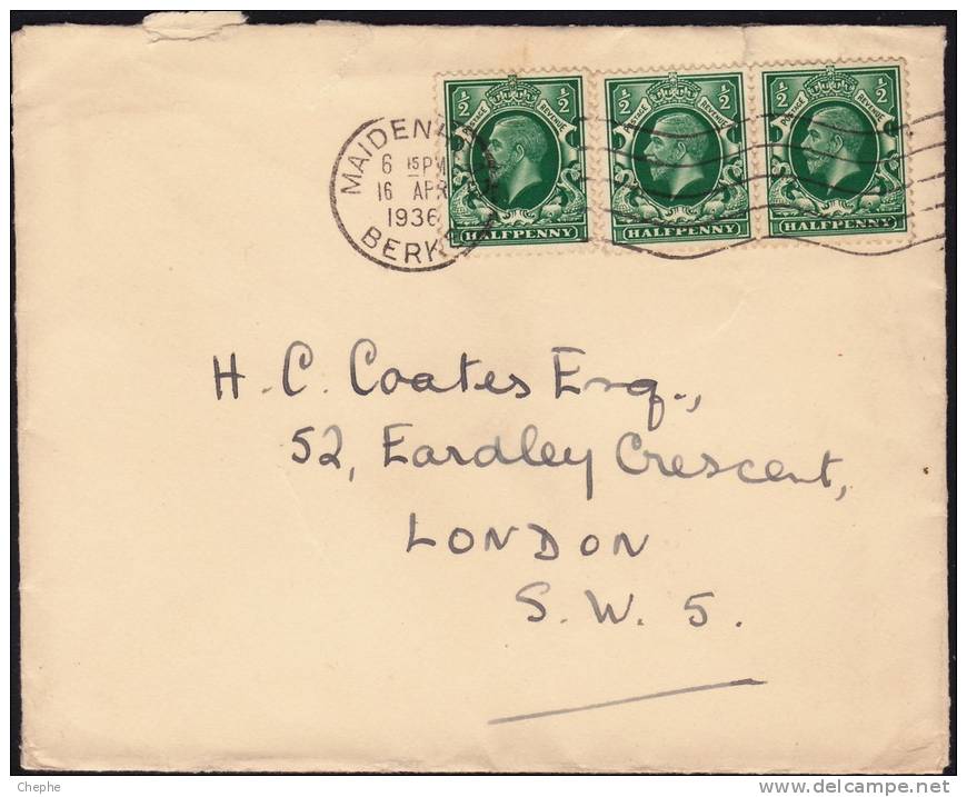 GB 1936 Domestic COVER With 3x 1/2d \´Maidenhead\´ Pmk  [D7797] - Storia Postale