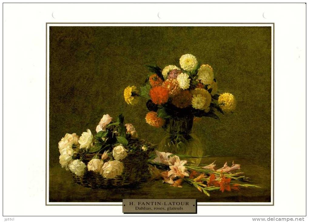 Reproduction De Dahlias, Roses, Glaïeuls, De Henri Fantin-Latour (avec Fiche Explicative) - Sonstige & Ohne Zuordnung
