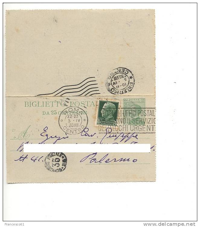 $$42 REGNO Biglietto Postale 25c Michetti + Gemello Imperiale Roma 3-4-1930 Per Palermo - Interi Postali