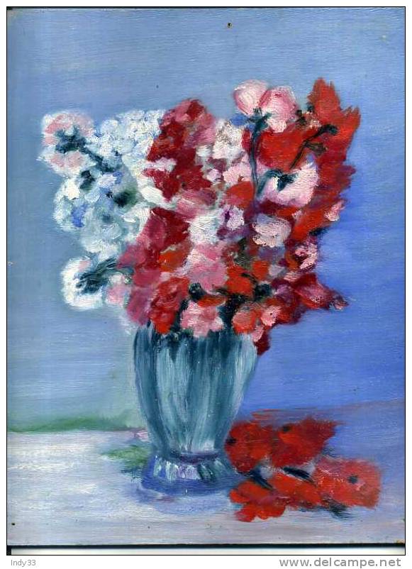 - BOUQUET DE FLEURS DANS UN VASE . HUILE SUR PANNEAU CONTREPLAQUE NON SIGNEE - Olieverf