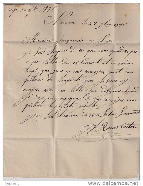 BELGIQUE : 1836:Précurseur:NAMUR Pour LIEGE Avec Griffe "Après Le Départ En Rouge."Cachet Namur Double Cercle Rouge.Vers - 1830-1849 (Onafhankelijk België)