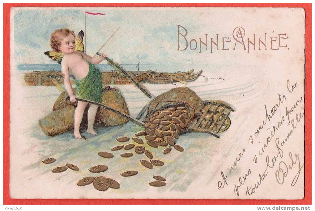 Bonne Année. Angelot Avec Brouette Chargée De Pièces D´or! Carte Gaufrée Avec Paillettes Et Dorures - Münzen (Abb.)