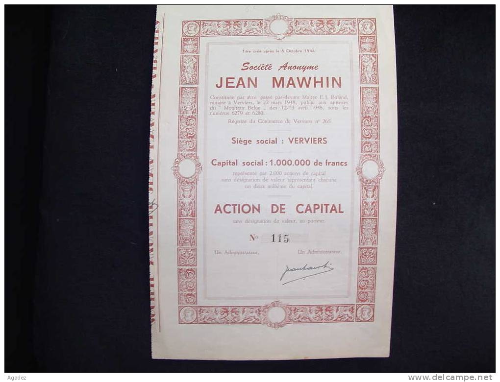 Action"S.A.Jean Mawhin " Travaux Publics Et Privés,bois. Verviers 1948 Excellent état. - Industrie