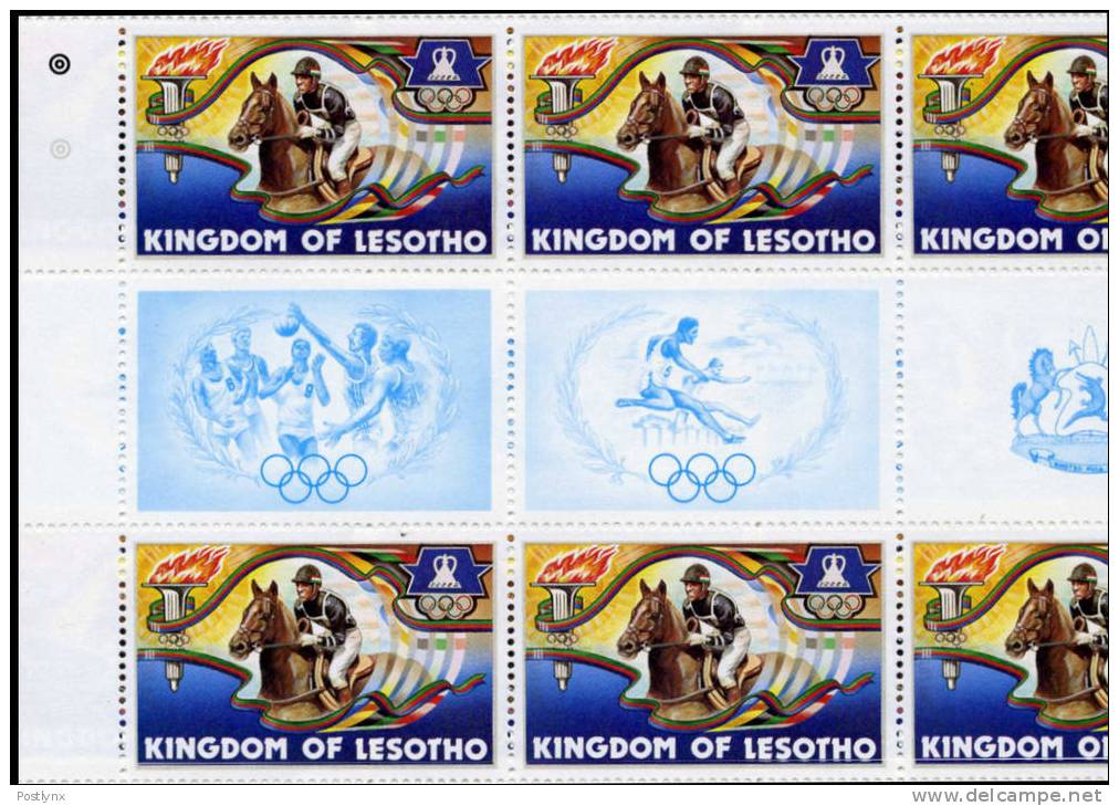 LESOTHO 1984, Olympics Los Angeles Riding Horse 30s, ERROR:no Gold 6-BLOCK GUTTER  [Fehler,erreur,errore,fout] - Lesotho (1966-...)