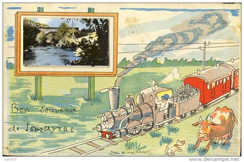 Souceyrac 46 - Bon Souvenir - Train - Illustration + Photo - Sousceyrac