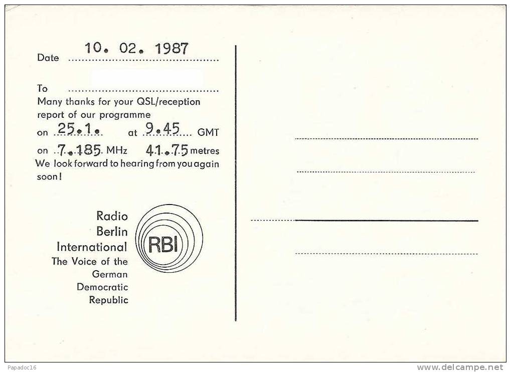 QSL - Radio Berlin International 10-02-1987 - [Zeichnung / Drawing / Dessin : Micros / Microphon / Mikrofon] - Radio