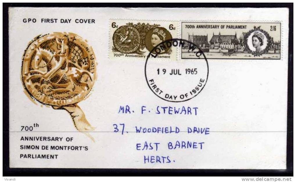 Great Britain - 1965 - De Montfort's Parliament Anniversary (Phosphor) - FDC - 1952-1971 Em. Prédécimales