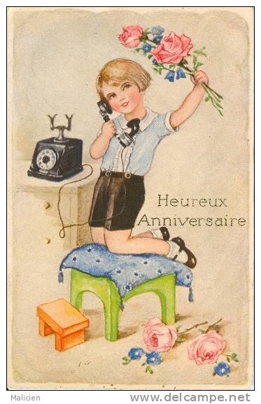 ILLUSTRATEURS-  Illustrateur  Enfants- Ref 586-heureux Anniversaire -telephone Et Roses  -carte Bon Etat - - 1900-1949
