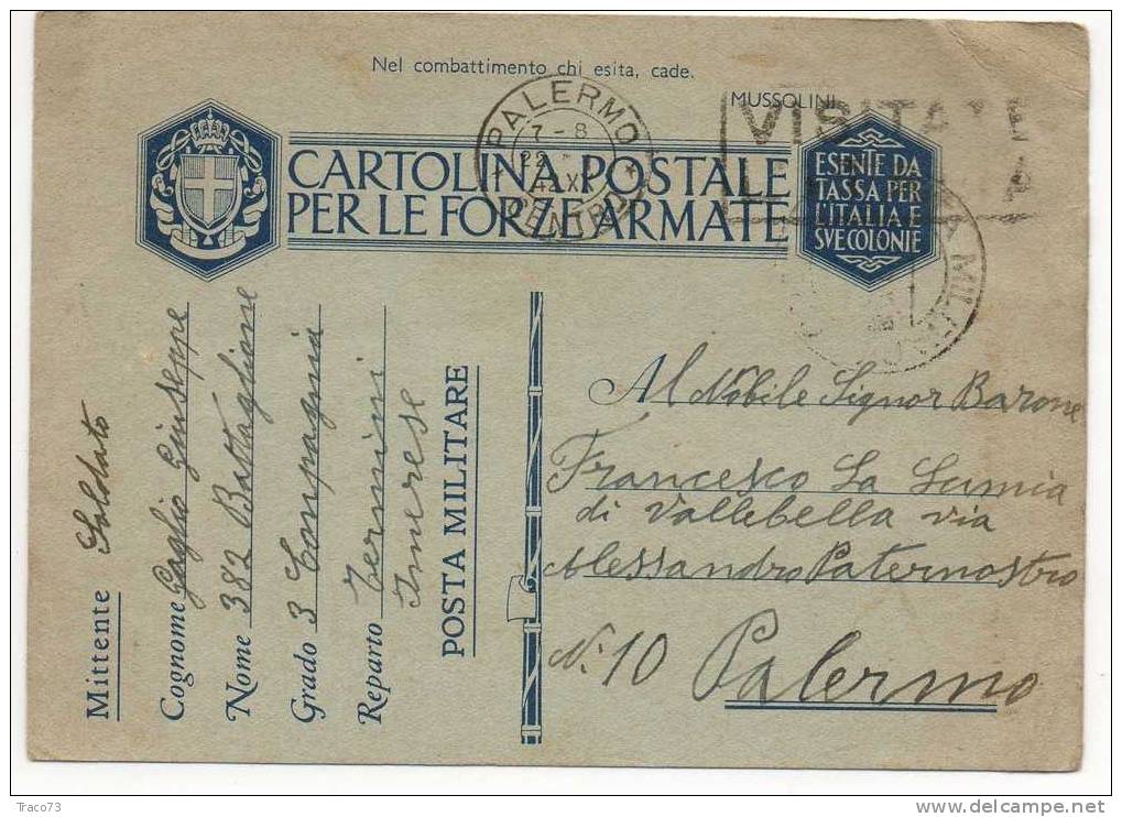 TERMINI IMERESE   22.01.1942 - Cartolina Postale Per  Le Forze Armate -  3^ Compagnia Termini Imerese - Franchise