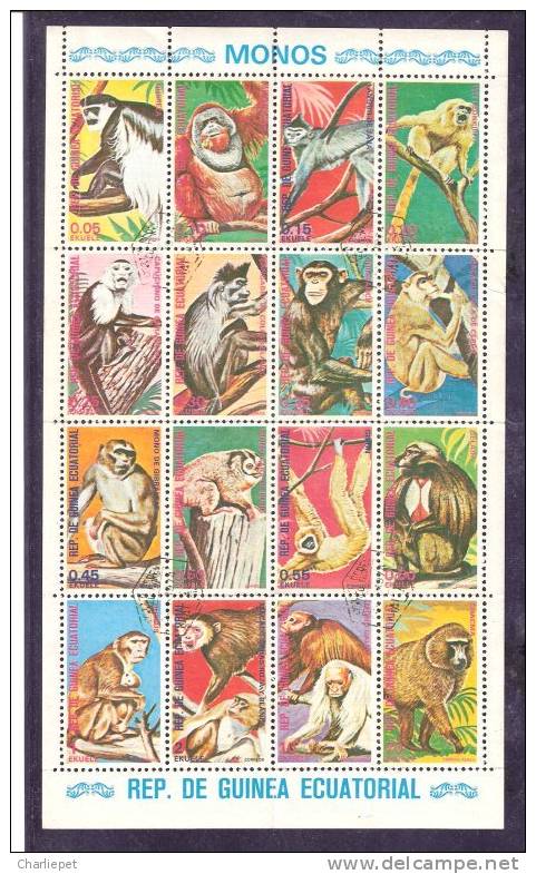 Sheet Of 16 Diffrent Monkeys From Equatorial Guinea Issued In 1974 - Singes