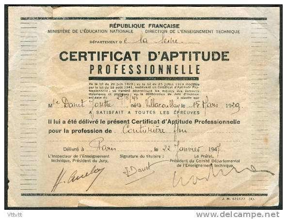 Certificat D´Aptitude Professionnelle De Couturière (1929) : Josette Danet (Villacoublay, Yvelines, 78)... - Diplome Und Schulzeugnisse