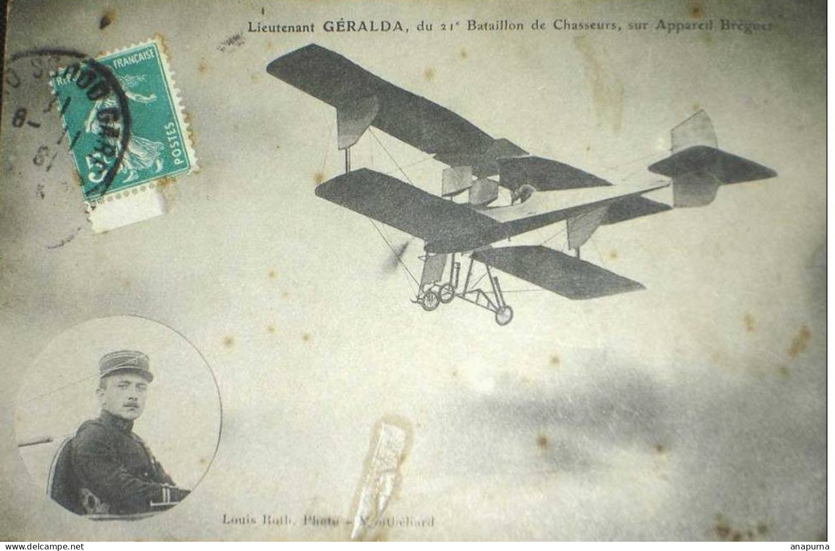Carte Postale Voyagée 1911 Pilote Lieutenant GERALDA 21 Bataillon De Chasseurs Sur Bréguet - Aviation