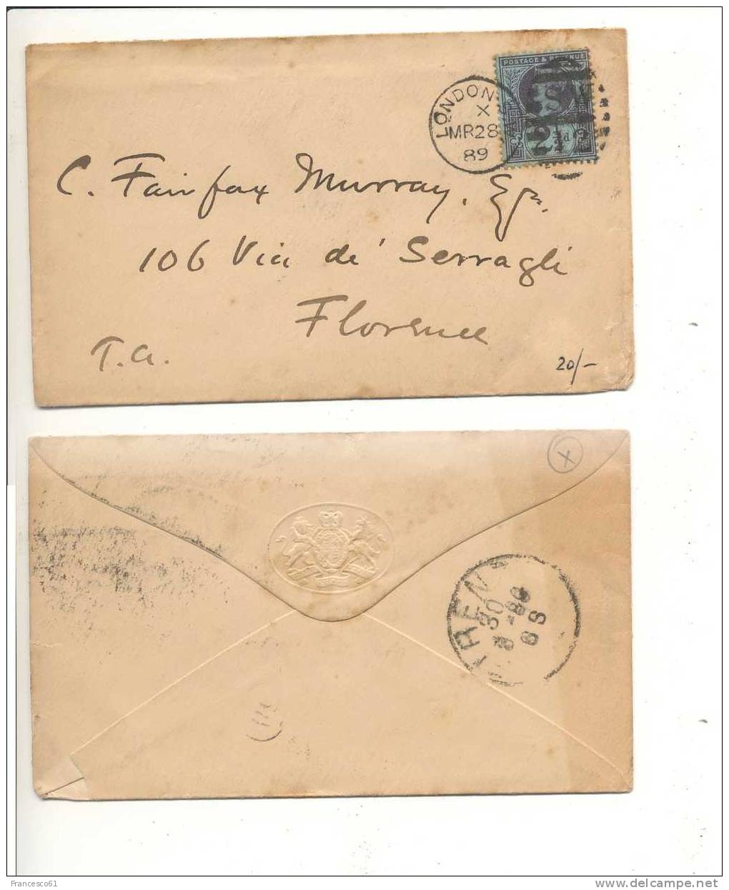 GRAN BRETAGNA England 1889 2,5 Pence London Isolato Solo To Italy - Covers & Documents