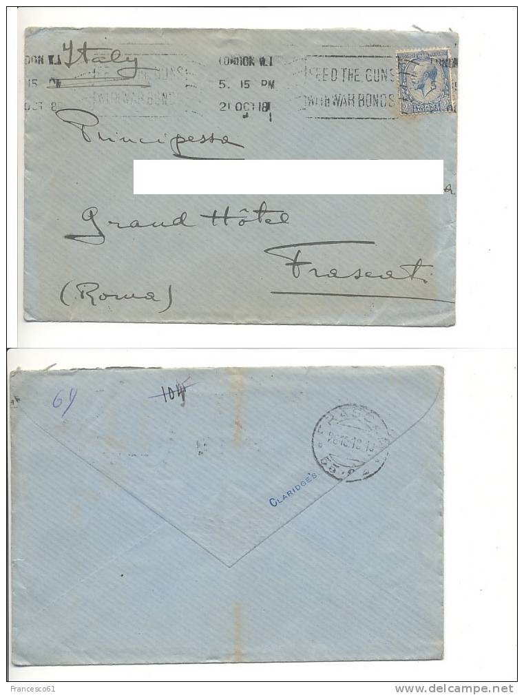 GRAN BRETAGNA England 1918 2 Pence Half Penny Solo Cover To Italy - Storia Postale