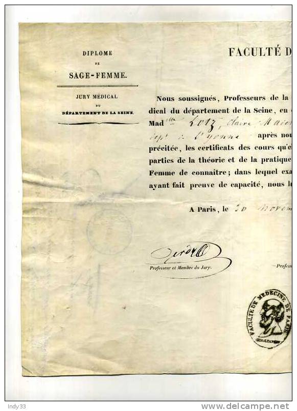 -  DIPLÔME DE SAGE-FEMME . FACULTE DE PARIS 1847 - Diplomas Y Calificaciones Escolares