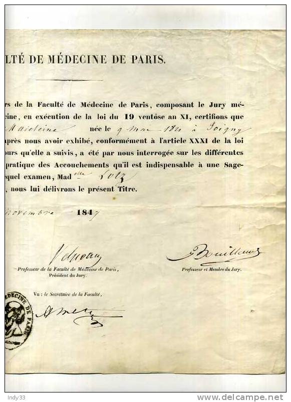 -  DIPLÔME DE SAGE-FEMME . FACULTE DE PARIS 1847 - Diploma's En Schoolrapporten