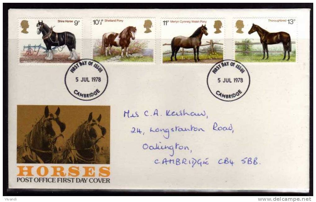 Great Britain - 1978 - Horses - FDC - 1971-1980 Decimal Issues