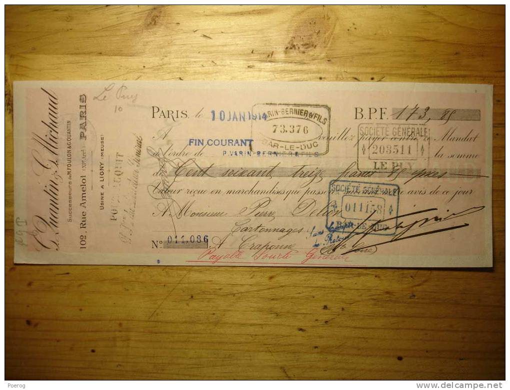 ANCIEN MANDAT CHEQUE - 10 JANVIER 1914 - LIGNY MEUSE - CARTONNAGE CRAPONNE SUR ARZON HAUTE LOIRE - Bills Of Exchange