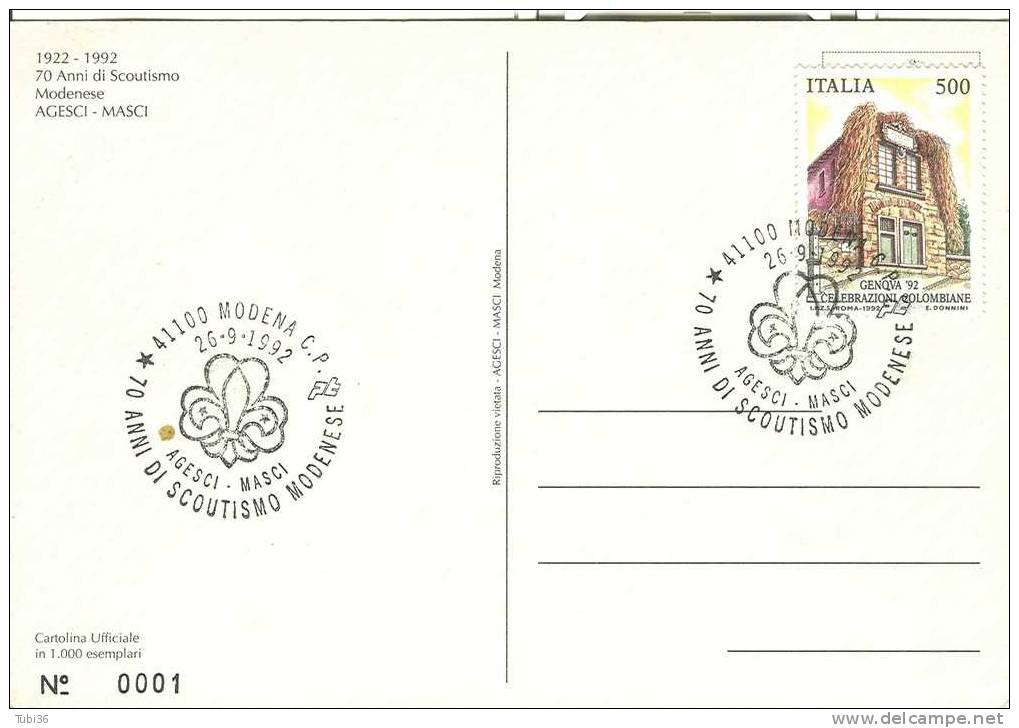 70 ANNI DI SCOUTISMO  MODENESE - 1992 -  CARTOLINA DEDICATA CON ANNULLO SPECIALE  FIGURATO. - Pfadfinder-Bewegung