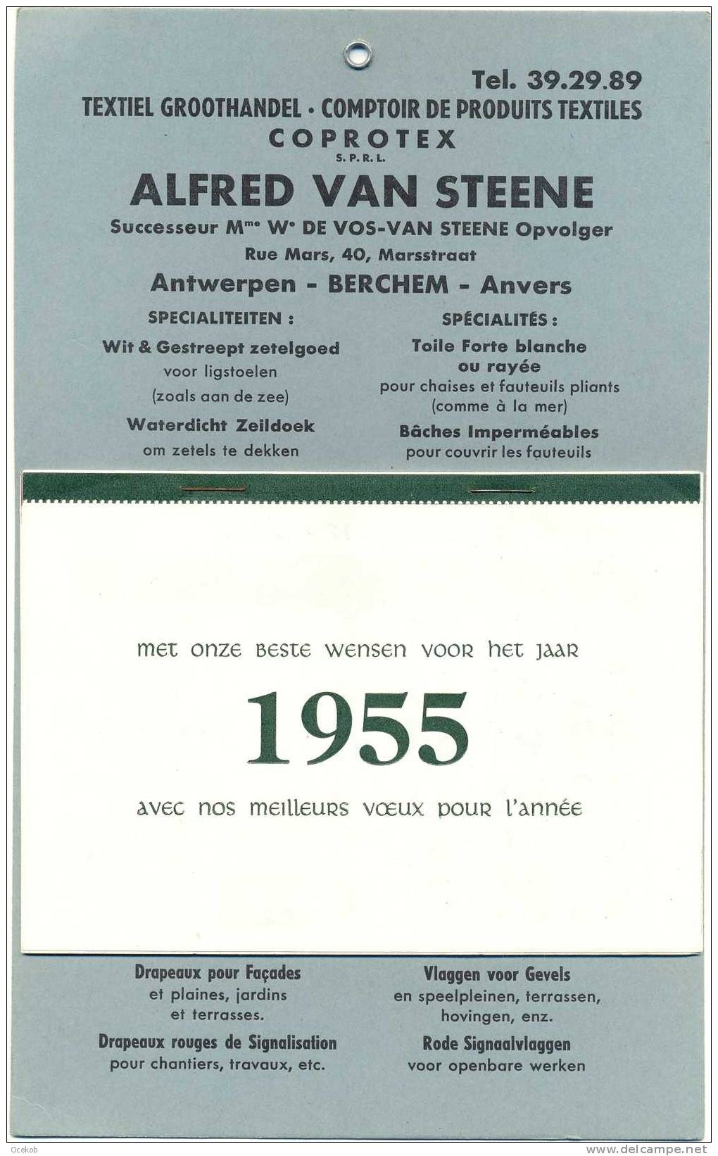 Kalender ANTWERPEN  BERCHEM Alfred Van STEENE  Pub. 1955 - Groot Formaat: 1941-60