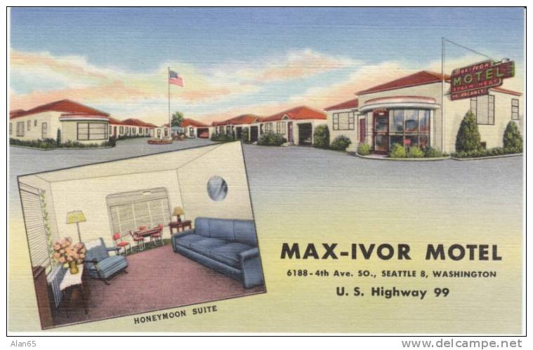 Max Ivor Motel, Seattle WA, 1940s Vintage Curteich Linen Postcard, Highway 99 Lodging - Seattle