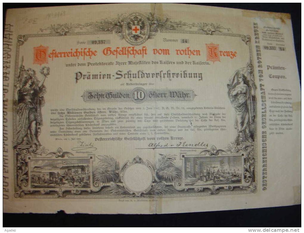 Defterreichische Gesellschaft Vom Rothen   Kreuze  Wien  1882.Croix Rouge Vienne Autriche. - Bank En Verzekering