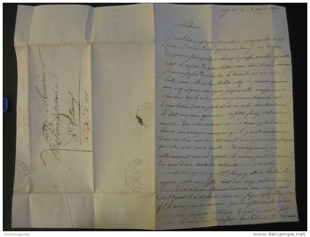 Marque Postale - VITTEAUX - Adressée D´ANGERS, à M BELIME, Notaire - 8 Avril 1837 -  Correspondance De 3 Pages - 1801-1848: Precursors XIX