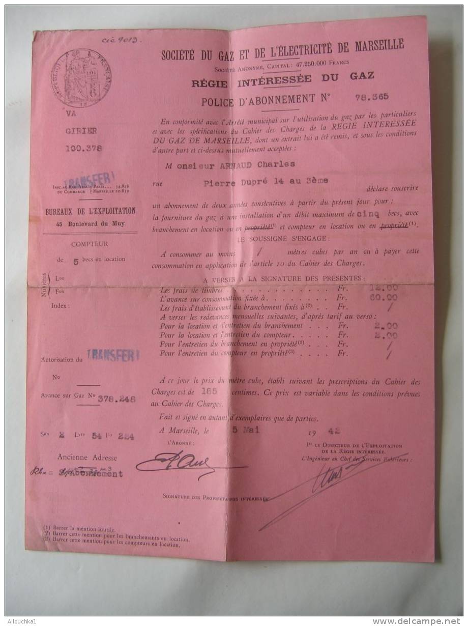 5-MAI-1942-FACTURE VIEUX PAPIERS-ELECTRICITE & GAZ DE MARSEILLE-REGIE INTERESSEE -POLICE ABONNEMENT +TIMBRE FISCAL A SEC - Electricité & Gaz