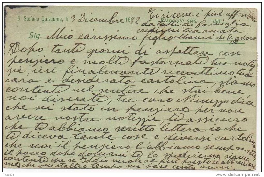 S. STEFANO QUISQUINA  03.12.1932  - Card / Cartolina  " Ditta GIUSEPPE LAZZARA " Cent. 10+5 - Reclame