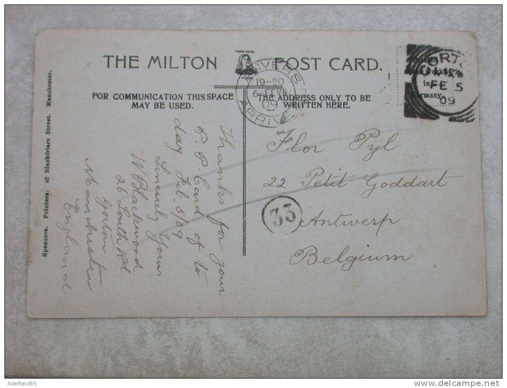 Luxury Card Manchester Cathedral Corton Postmark 1909 To Antwerpen - Manchester