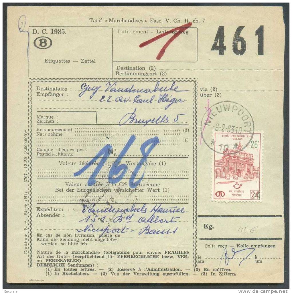 Bordereau De Chemin De Fer Affr. à 26 Frs; Obl. Sc De L´agence NIEUPORT 10 * - NIEUWPOORT 10 * Du 6-2-1963 Vers Bruxelle - Bolli A Stelle